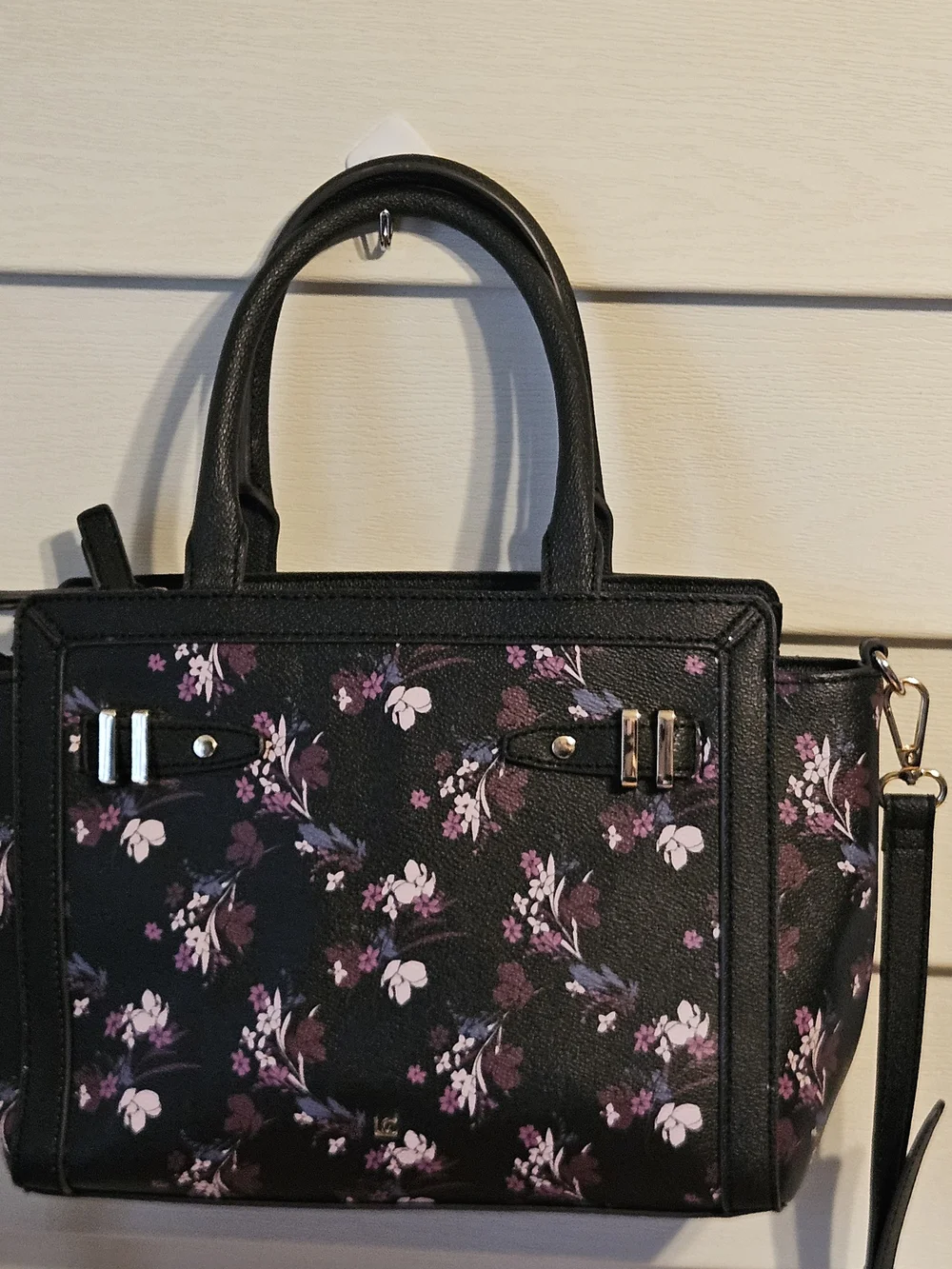 Liz Claiborne Black Purple Floral Satchel Handbag - Perfect Condition!
